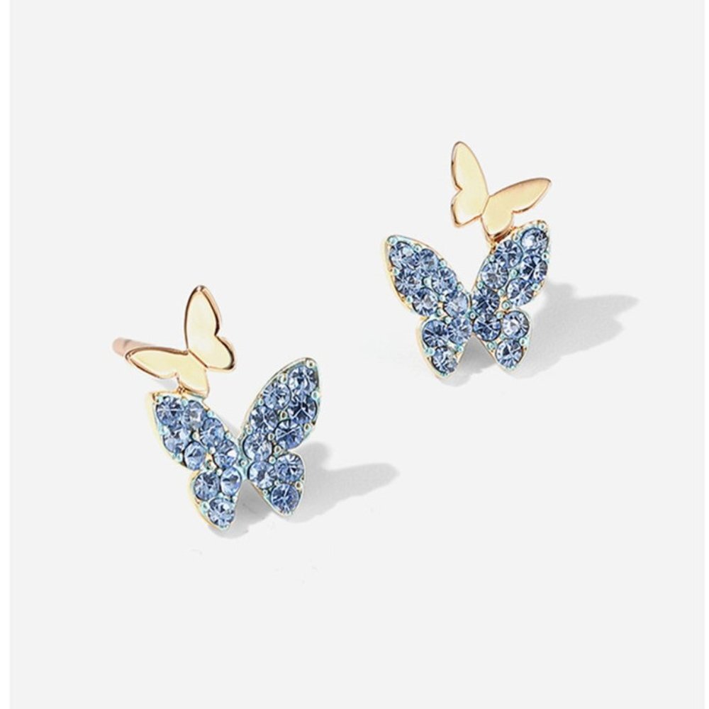 Light Blue Double Butterfly Princess Cut CZ Earrings, GPMB1541